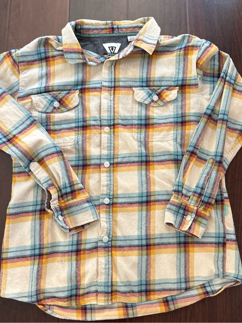 Vissla Creators Eco Flannel Shirt Men XL Beige Plaid Button Up Long Sleeve Surf